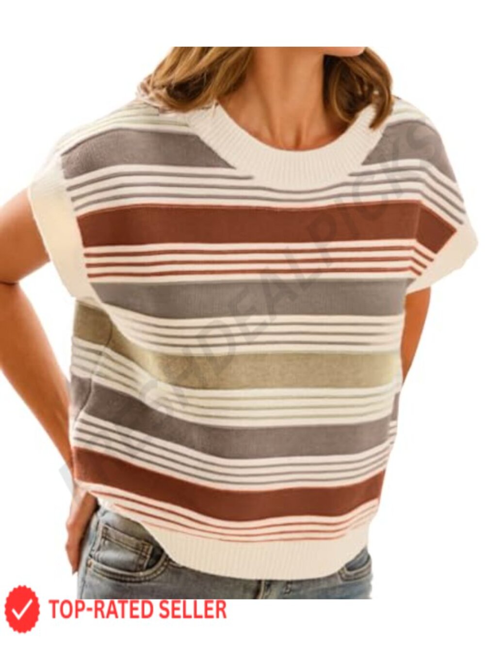 Womens Striped Cap Sleeve Sweater Vest Loose Knit Tank Top